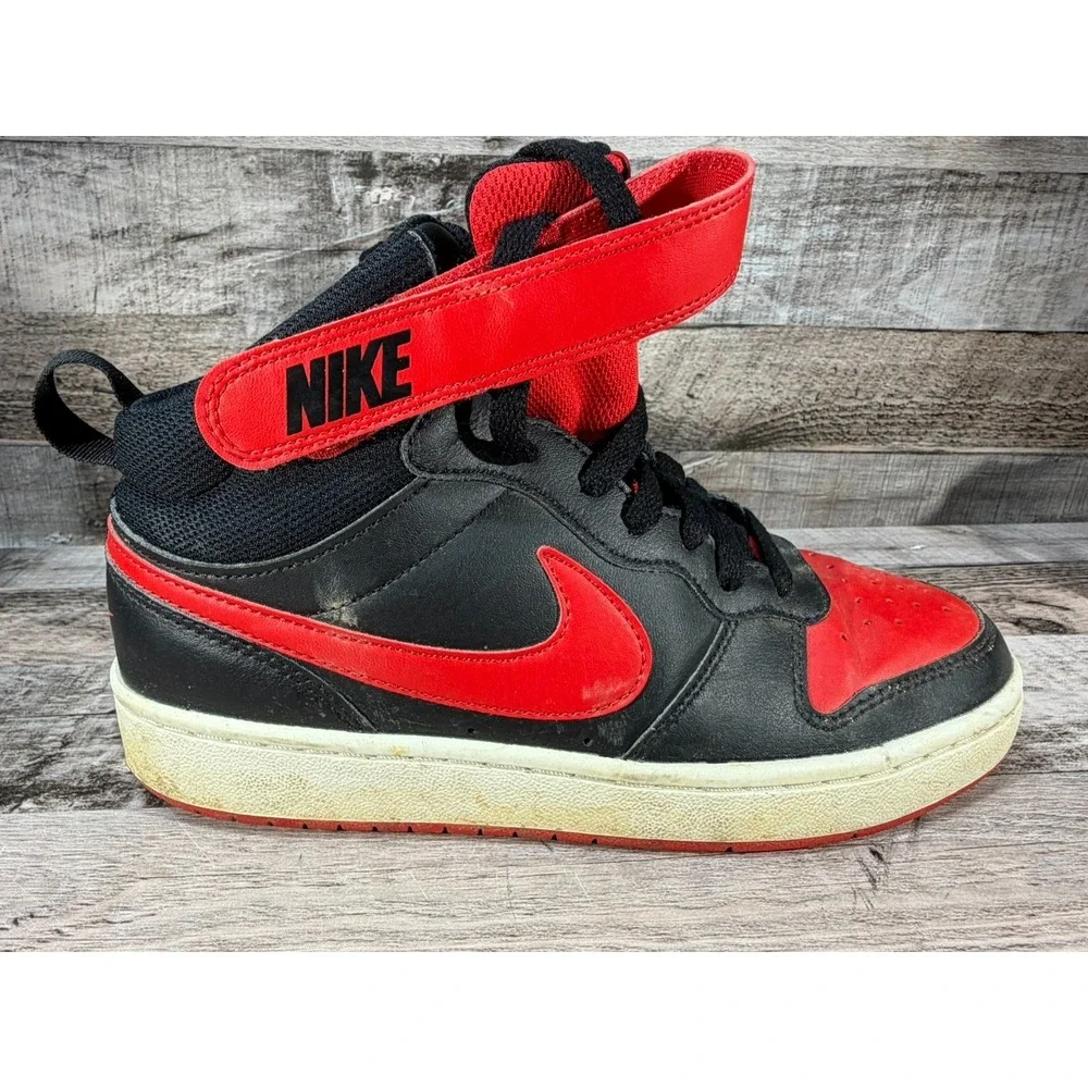 Nike Boys Court Borough Mid 2 GS CD7782-003 Black Red White Sneaker Shoes Sz 6Y
